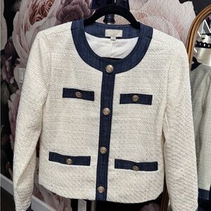 LOFT Women's Ivory and Navy Textured Blazer NWT